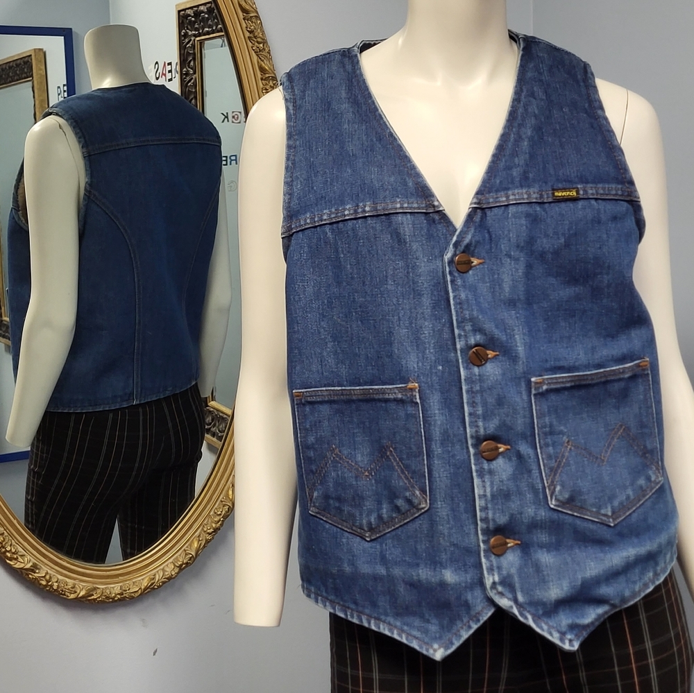 Vintage DENIM VEST with Fleece Lining Maverick Automaticks 70s 1970s M grunge